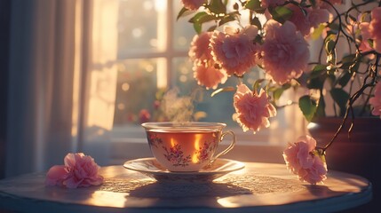 Morning tea cup on table with roses and sunlight.