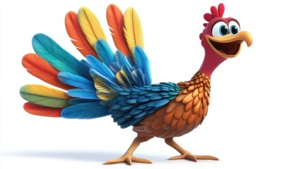 Obraz premium A funny cartoon turkey with exaggerated vibrant feather colors, standing in a playful pose, on a white background