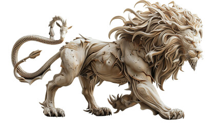 Intricate lion sculpture with a serpentine tail, showcasing masterful craftsmanship and fantastical details.