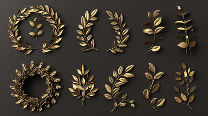 Obraz premium Gold leaf wreaths and sprigs on a dark background