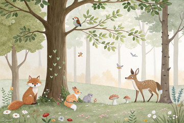 A cozy forest scene with animals