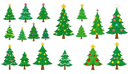 Obraz premium collection of illustrated Christmas trees, each uniquely decorated for the holiday season. The trees vary in design, showcasing different styles of ornaments, colors, and star toppings.