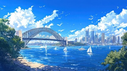 Obraz premium A vibrant illustration of a cityscape featuring a bridge, water, and sailboats under a blue sky.