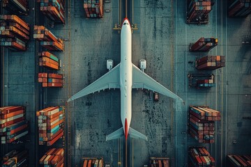 Aerial View of Cargo Plane Surrounded by Shipping Containers at Busy Industrial Port Terminal