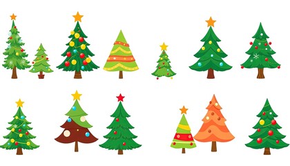 Obraz premium collection of illustrated Christmas trees, each uniquely decorated for the holiday season. The trees vary in design, showcasing different styles of ornaments, colors, and star toppings.