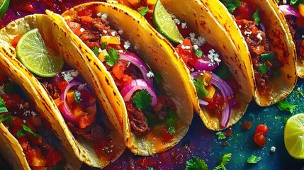 Fototapeta premium Delicious Beef Tacos With Lime Cilantro And Onions