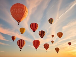 Obraz premium Colorful Hot Air Balloons Soaring Through Sunset Sky