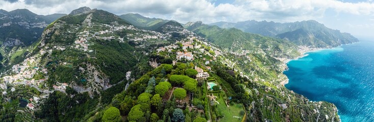 Obraz premium Panorama of Ravello from a drone, Amalfi Coast, Tyrrhenian Sea, Salerno, Campania, Italy
