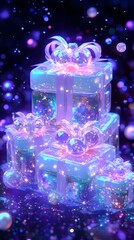 Glowing, iridescent gift boxes stacked,  lit by a magical light, with a bokeh effect, surrounded by shimmering sparkles.