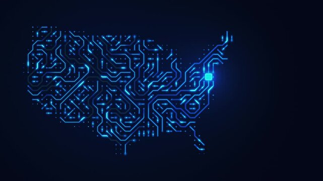 USA - country map, circuit board, digital tech background. Seamless loop.