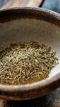 Cumin seeds in a traditional bowl ready for culinary use and spice blending in a rustic kitchen setting