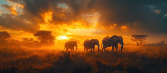 Fototapeta premium Three elephants silhouetted against a vibrant sunset in the African savanna.