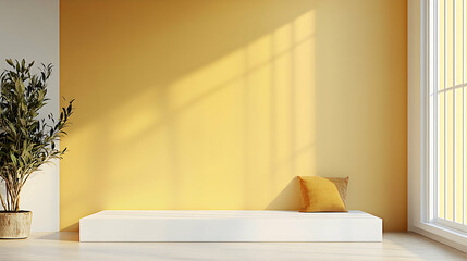 Fototapeta premium Minimalist interior design featuring a mustard yellow wall, white platform, and a single cushion. Perfect for showcasing products or creating a serene mood.