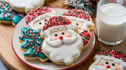 Obraz premium Santa-shaped sugar cookies with colorful icing and sprinkles, arranged on festive plate with milk glass and Christmas decorations