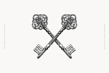 Carved crossed keys in engraving style. Two elegant keys with Victorian curls. Medieval symbol on white isolated background. Vintage vector illustration for postcard design, book or tattoo template.