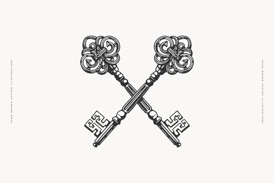 Carved crossed keys in engraving style. Two elegant keys with Victorian curls. Medieval symbol on white isolated background. Vintage vector illustration for postcard design, book or tattoo template.