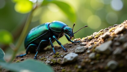 Bright Green Beetle Crawling on Tree Bark in Natural Habitat