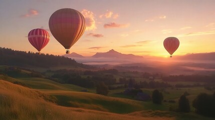 Fototapeta premium Colorful Hot Air Balloons Floating Above Scenic Mountain Landscape