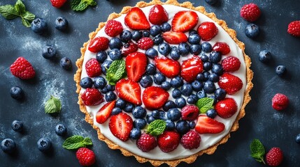 Delicious berry tart with strawberries, blueberries, and raspberries on a dark background.