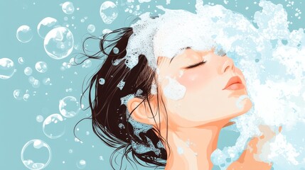 Girl Washing Her Hair with Shampoo