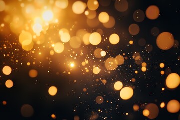 Abstract dark background with sparkling golden lights and glitter dust particles. AI generation.