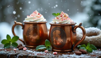 Fototapeta premium Copper mugs filled with hot cocoa topped with whipped cream and mint