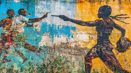Fototapeta premium Colorful mural depicting a woman aiming a gun at fleeing men on a weathered wall.