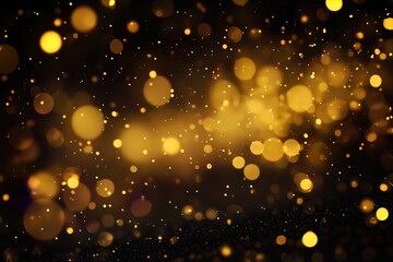 Abstract dark background with sparkling golden lights and glitter dust particles. AI generation.