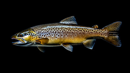 Fototapeta premium Photograph of a full-body side view of a brown trout, isolated on a black background.