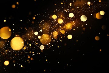 Abstract dark background with sparkling golden lights and glitter dust particles. AI generation.