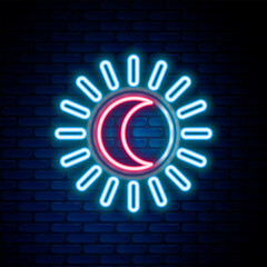 Glowing neon line Eclipse of the sun icon isolated on brick wall background. Total sonar eclipse. Colorful outline concept. Vector