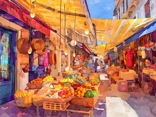 Obraz premium Lively Exchange at a Vibrant Parisian Style Street Market with Diverse Vendors and Customers