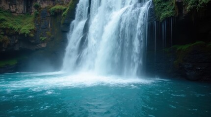 Fototapeta premium Dramatic Waterfall Cascading into a Crystal Clear Pool