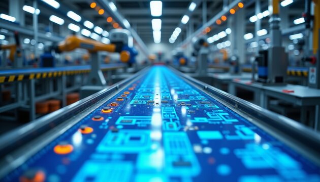 High-tech conveyor belt with digital interface in modern factory