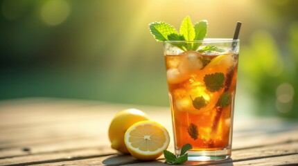 Fototapeta premium Refreshing Iced Tea with Lemon and Mint on a Sunny Day