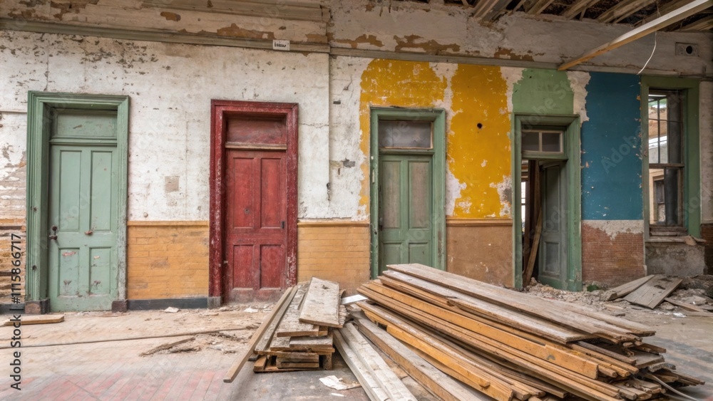 Poster a backdrop of wall sections revealing old paint colors with discarded baseboards piled up highlighti