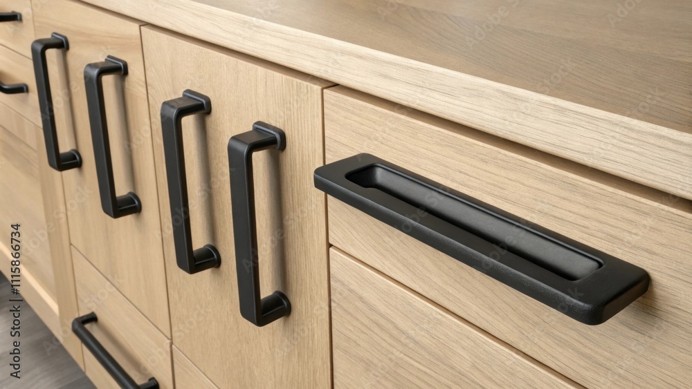 Poster Various recessed cabinet handles in matte black finish displayed in a neat line showcasing their minimalist design against a light oak surface.