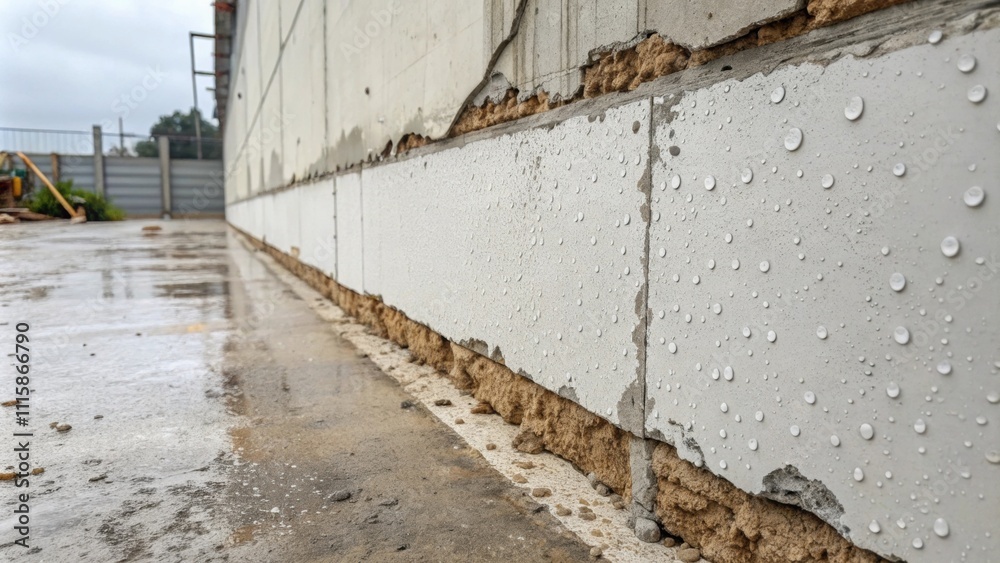 Aufkleber Vertical shot of a fresh concrete patch on a wall with hints of white plaster and exposed insulation peeking out from the edges.