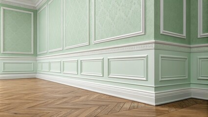 Fototapeta premium Wide flat baseboards installed at the base of a delicate pale green wall unifying the rooms design with a natureinspired tone.