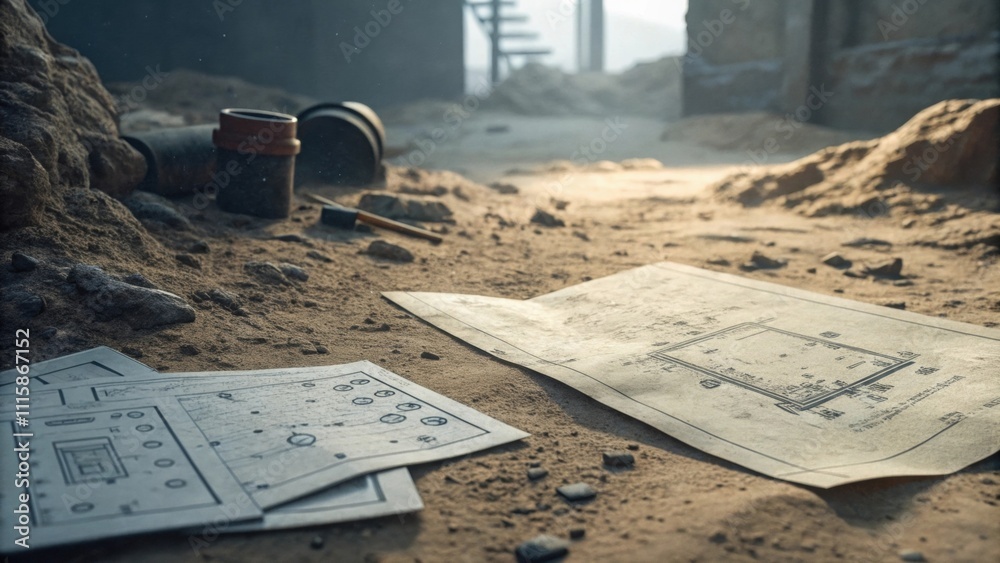 Aufkleber  the surface is rough and dusty with an array of design blueprints faintly visible on top.