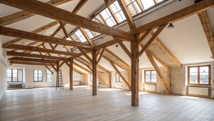 The spacious loft showcases expansive exposed beams with bright insulation highlighting the architectural details and enhancing the airy feel of the space.