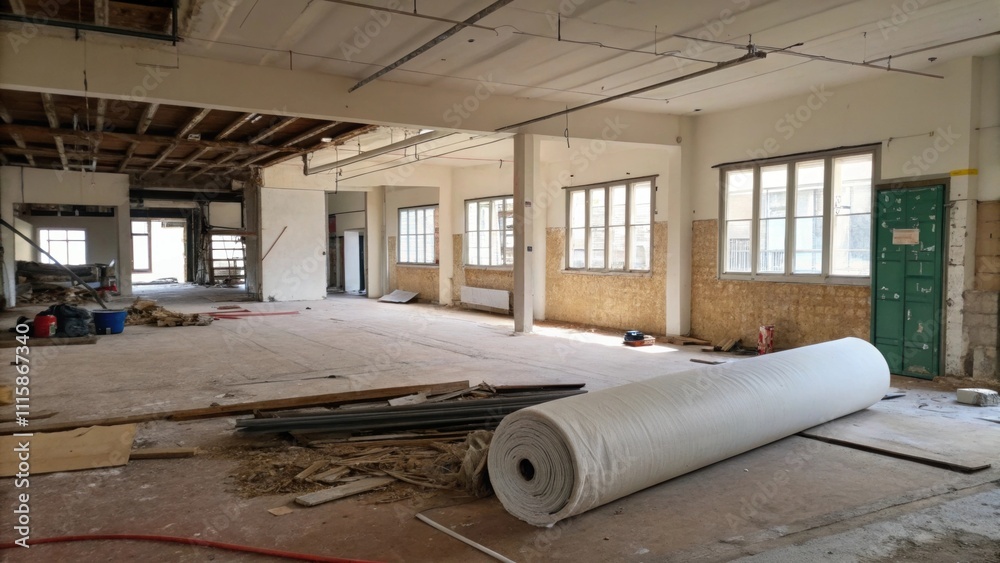 Poster the interior of an unfinished room where a roll of protective fabric is sprawled across a collection