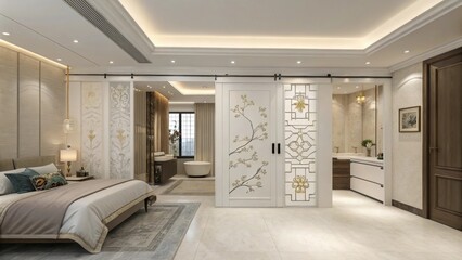 Obraz premium The master bedroom opens to a luxurious ensuite bathroom separated by a white sliding partition with decorative motifs gliding effortlessly on a sleek ceiling track.