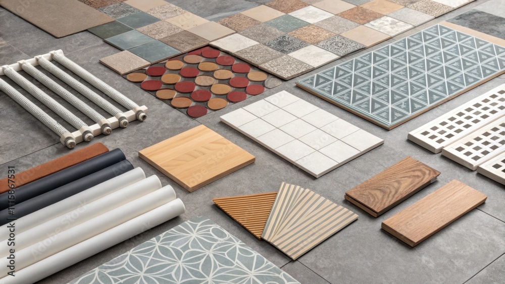 Poster the floor is a tactile mosaic of renovation elements featuring unassembled radiator parts color swat