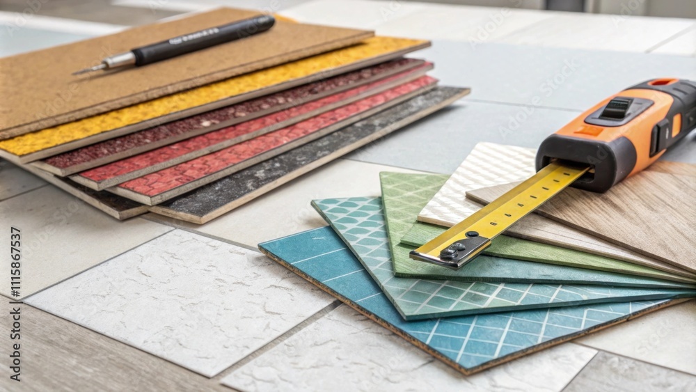 Aufkleber  the focus is on a stack of colorful vinyl tiles next to an open utility knife suggesting an upcoming installation project.