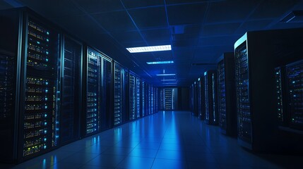 Fototapeta premium A server room with rows of racks lit with a cool blue light.