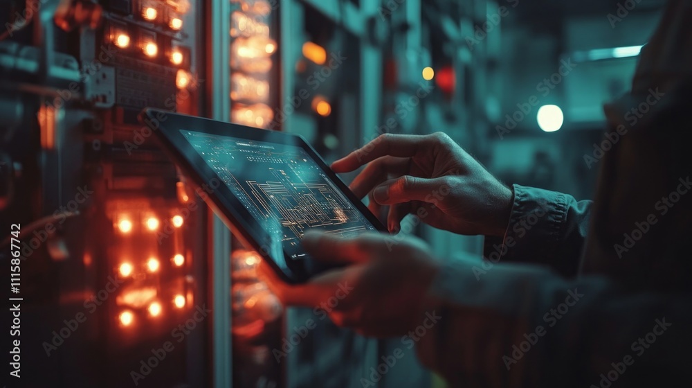 Poster A skilled technician interacts with a digital tablet, analyzing data within a high-tech industrial setting filled with illuminated machinery