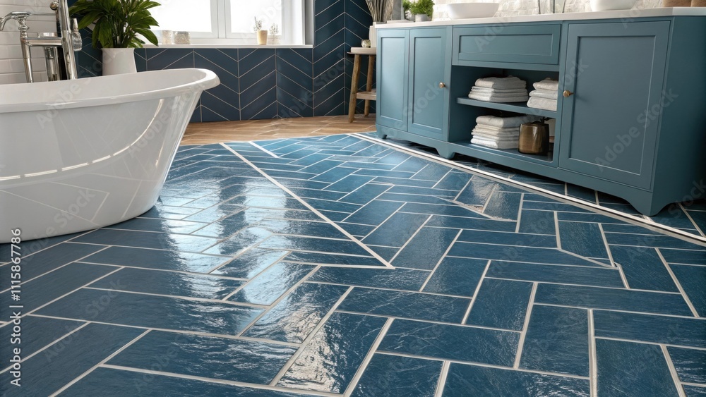 Poster The bathroom floor consists of shiny angular tiles in a deep blue with white grout lines providing a modern fresh look that enhances light reflection.