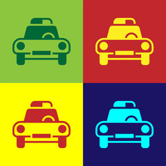 Obraz premium Pop art Police car and police flasher icon isolated on color background. Emergency flashing siren. Vector