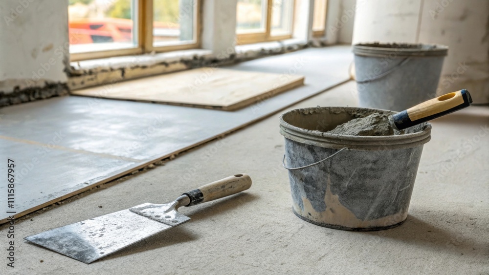 Poster  smoothing tools like a putty knife and a small bucket are visibly p on the floor.